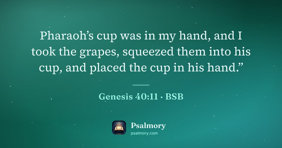 Genesis 40:11 verse artwork: Pharaoh’s cup was in my hand, and I took the grapes, squeezed them into his cup, and…