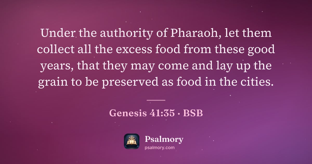 Genesis 41:35 verse artwork: Under the authority of Pharaoh, let them collect all the excess food from these good…