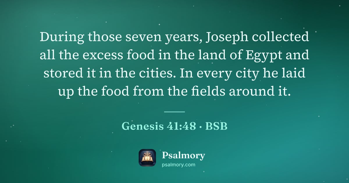 Genesis 41:48 verse artwork: During those seven years, Joseph collected all the excess food in the land of Egypt and…