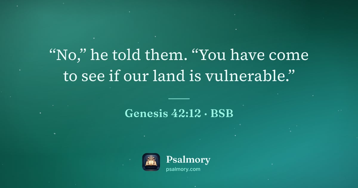 Genesis 42:12 verse artwork: “No,” he told them. “You have come to see if our land is vulnerable.”