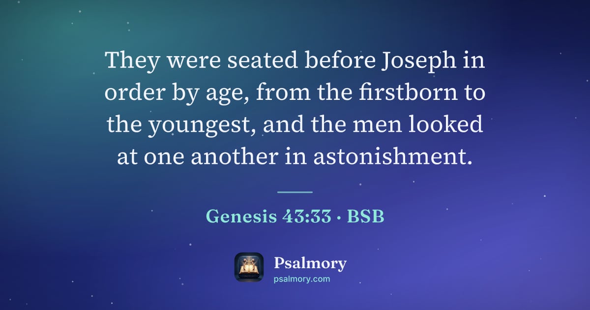 Genesis 43:33 verse artwork: They were seated before Joseph in order by age, from the firstborn to the youngest, and…