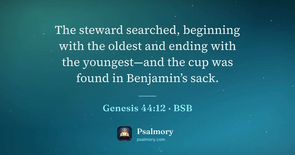 Genesis 44:12 verse artwork: The steward searched, beginning with the oldest and ending with the youngest—and the cup…
