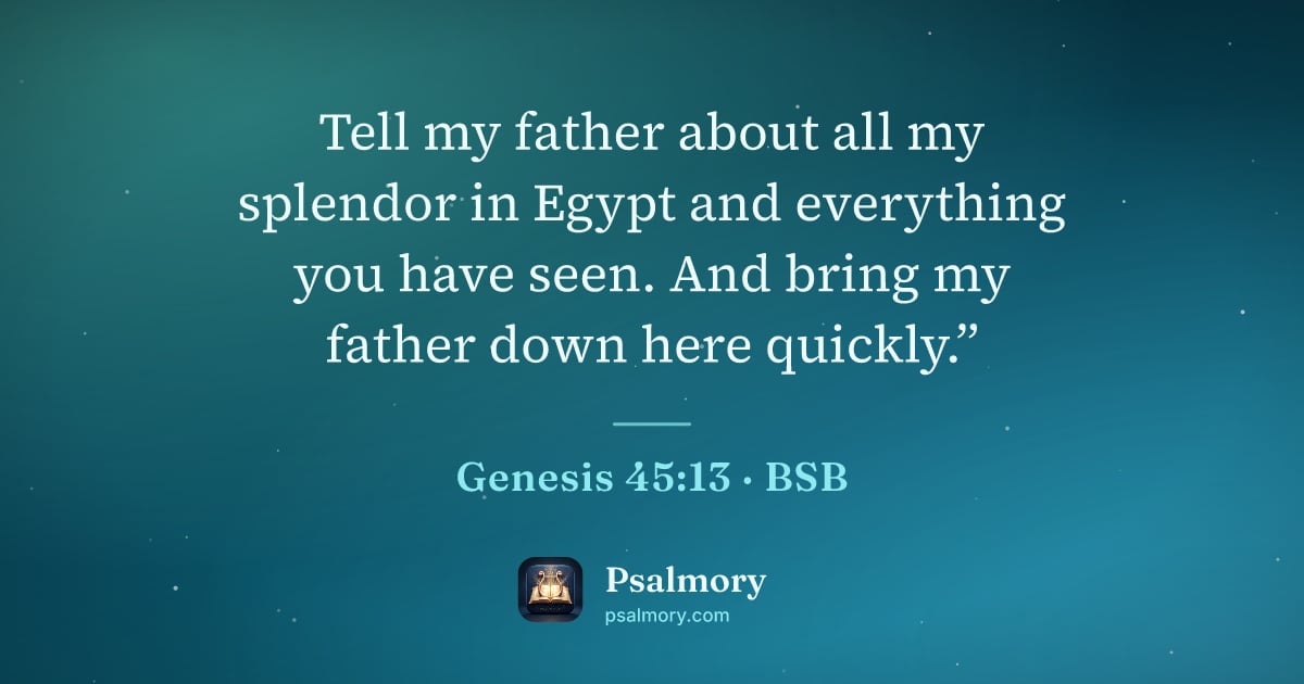 Genesis 45:13 verse artwork: Tell my father about all my splendor in Egypt and everything you have seen. And bring my…