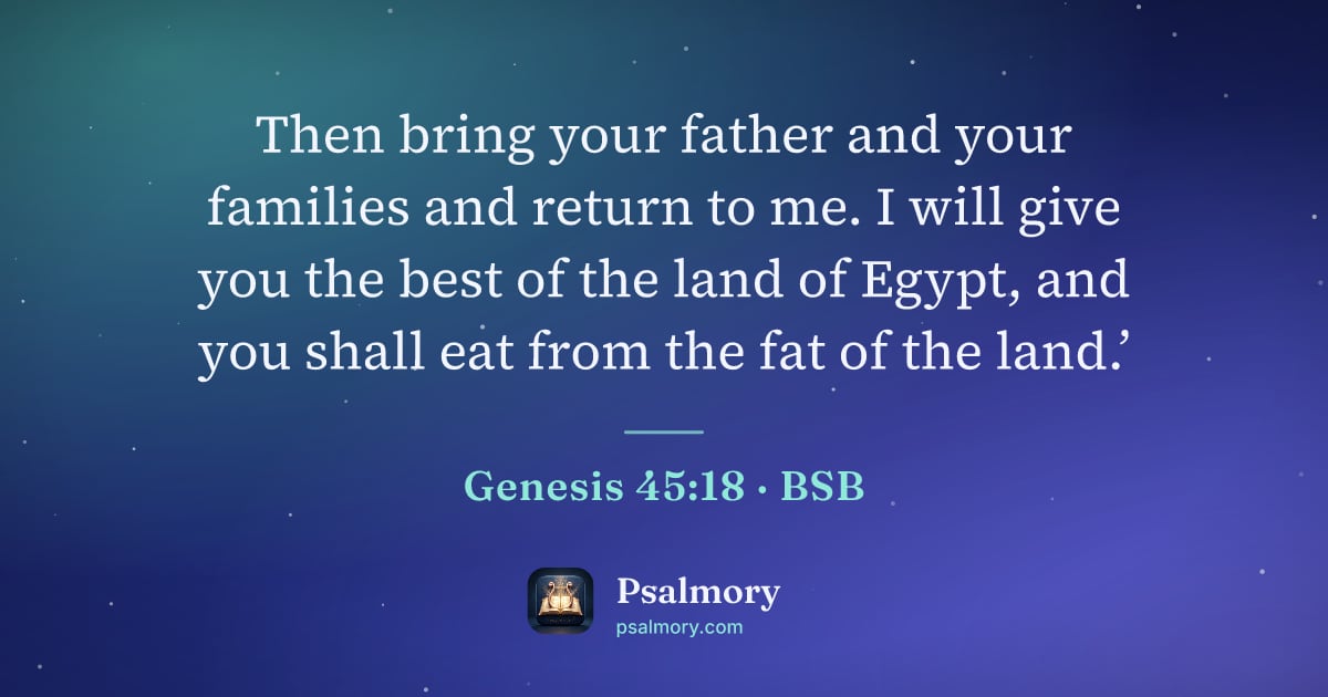 Genesis 45:18 verse artwork: Then bring your father and your families and return to me. I will give you the best of…