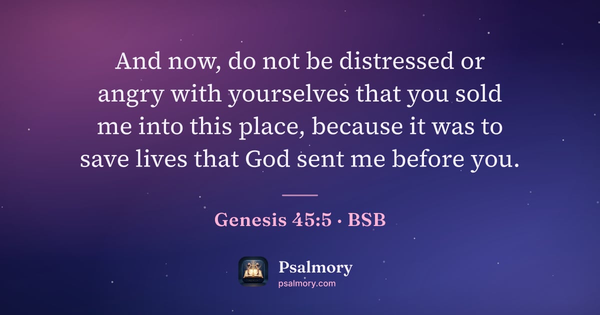 Genesis 45:5 verse artwork: And now, do not be distressed or angry with yourselves that you sold me into this place,…