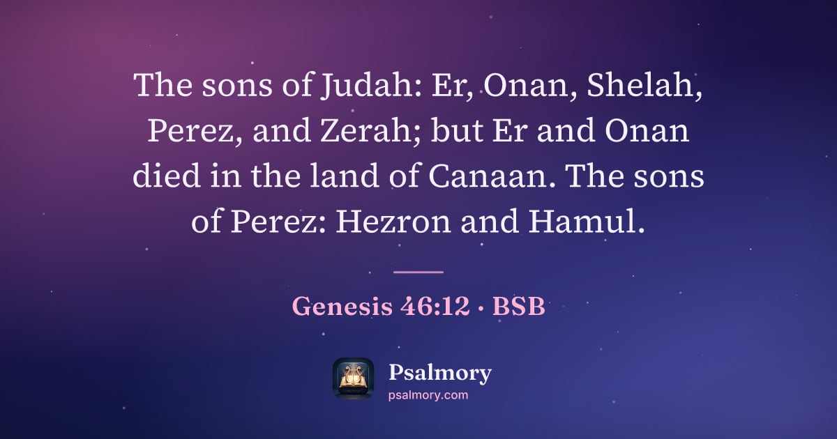 Genesis 46:12 verse artwork: The sons of Judah: Er, Onan, Shelah, Perez, and Zerah; but Er and Onan died in the land…