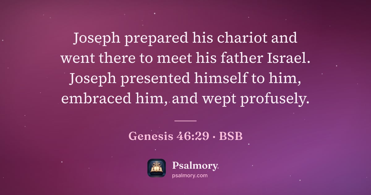 Genesis 46:29 verse artwork: Joseph prepared his chariot and went there to meet his father Israel. Joseph presented…