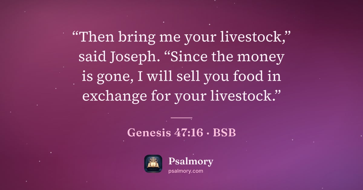 Genesis 47:16 verse artwork: “Then bring me your livestock,” said Joseph. “Since the money is gone, I will sell you…