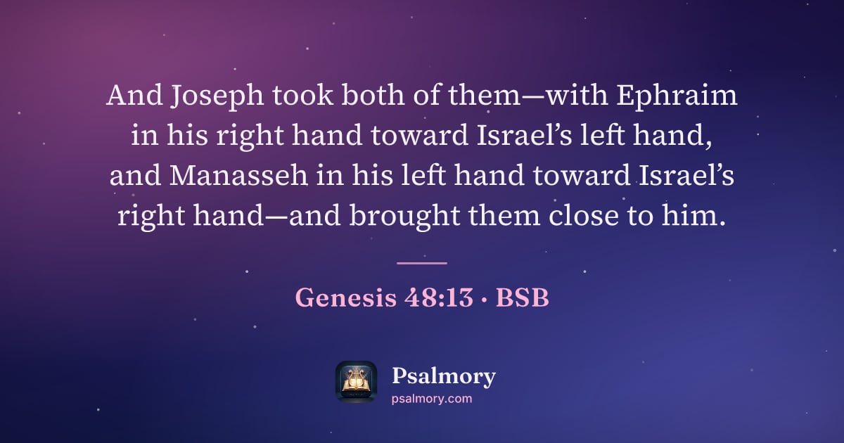 Genesis 48:13 verse artwork: And Joseph took both of them—with Ephraim in his right hand toward Israel’s left hand,…