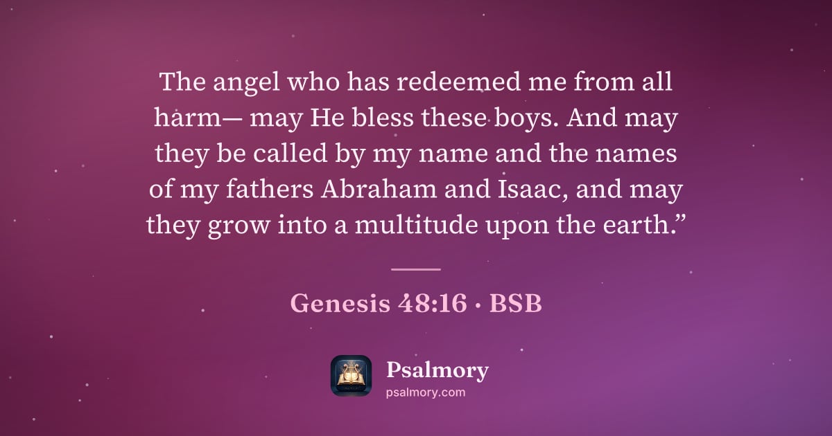 Genesis 48:16 verse artwork: The angel who has redeemed me from all harm— may He bless these boys. And may they be…