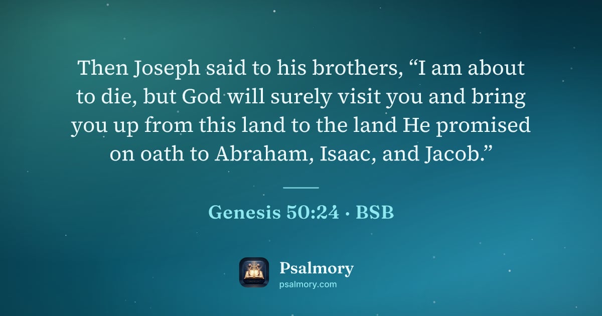 Genesis 50:24 verse artwork: Then Joseph said to his brothers, “I am about to die, but God will surely visit you and…