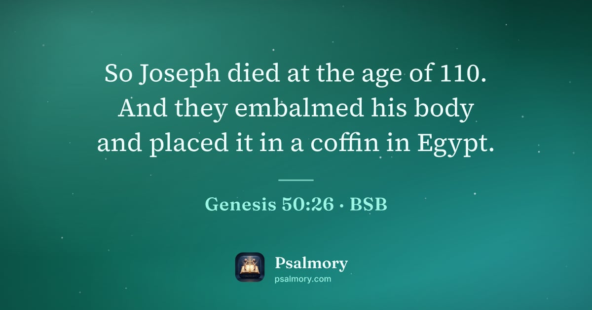 Genesis 50:26 verse artwork: So Joseph died at the age of 110. And they embalmed his body and placed it in a coffin…