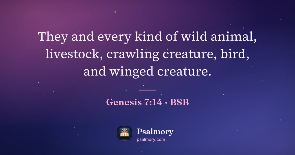 Genesis 7:14 verse artwork: They and every kind of wild animal, livestock, crawling creature, bird, and winged…