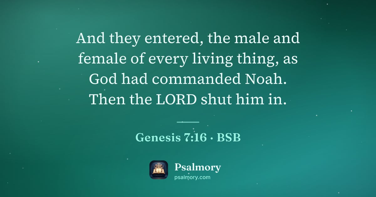 Genesis 7:16 verse artwork: And they entered, the male and female of every living thing, as God had commanded Noah.…
