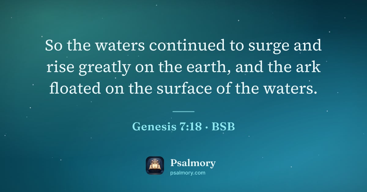 Genesis 7:18 verse artwork: So the waters continued to surge and rise greatly on the earth, and the ark floated on…