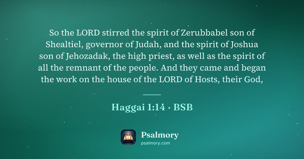 Haggai 1:14 verse artwork: So the LORD stirred the spirit of Zerubbabel son of Shealtiel, governor of Judah, and…
