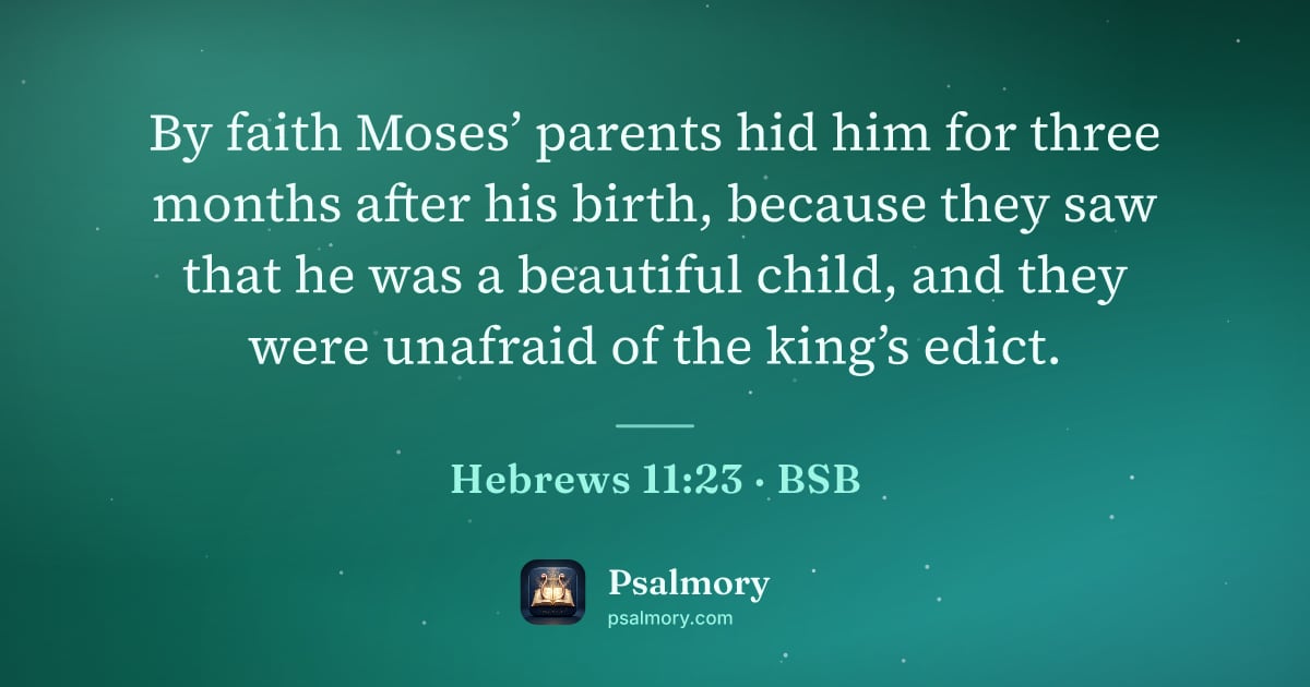 Hebrews 11:23 verse artwork: By faith Moses’ parents hid him for three months after his birth, because they saw that…