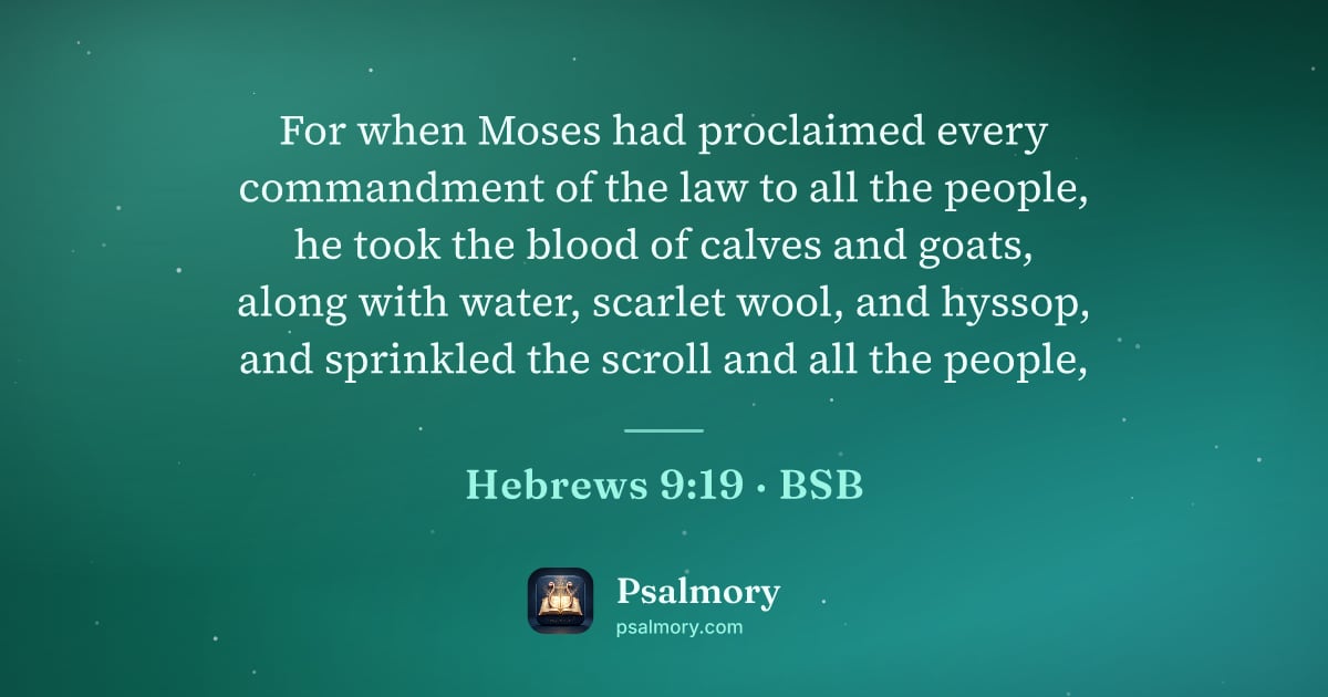 Hebrews 9:19 verse artwork: For when Moses had proclaimed every commandment of the law to all the people, he took…