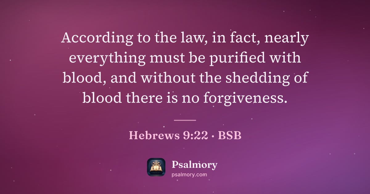 Hebrews 9:22 verse artwork: According to the law, in fact, nearly everything must be purified with blood, and…