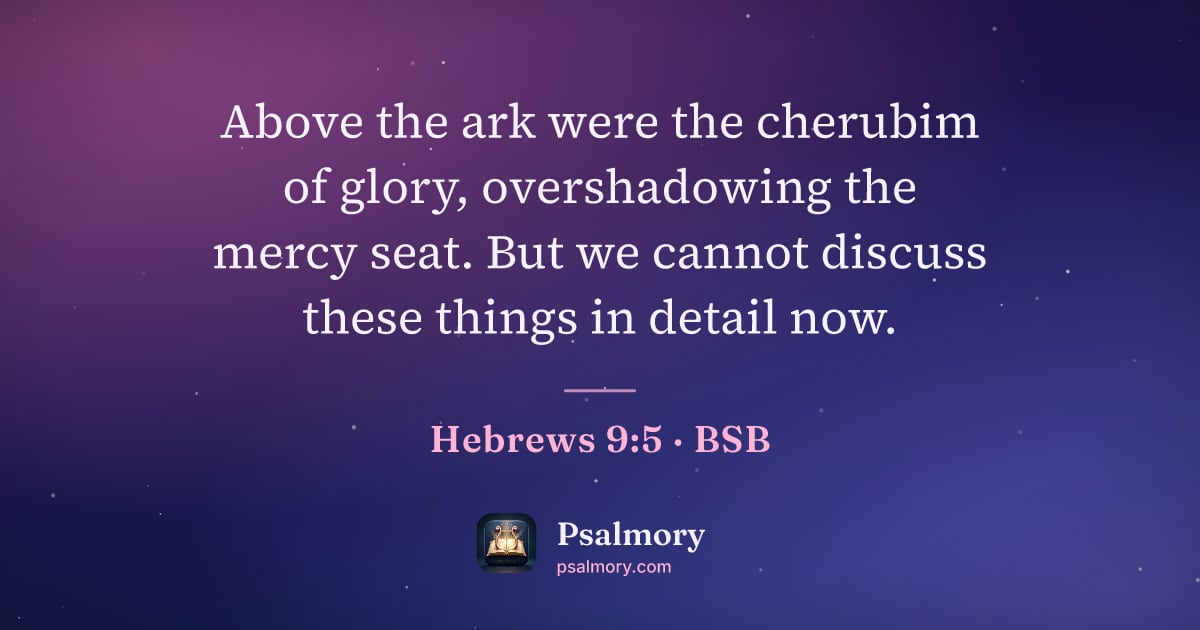 Hebrews 9:5 verse artwork: Above the ark were the cherubim of glory, overshadowing the mercy seat. But we cannot…