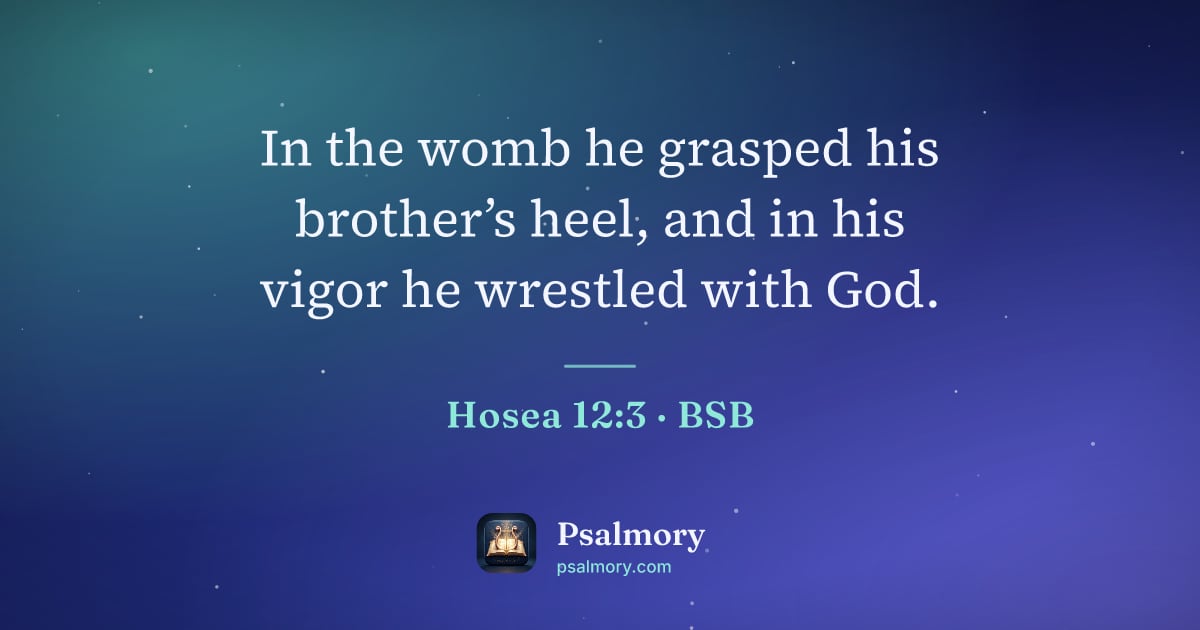 Hosea 12:3 verse artwork: In the womb he grasped his brother’s heel, and in his vigor he wrestled with God.