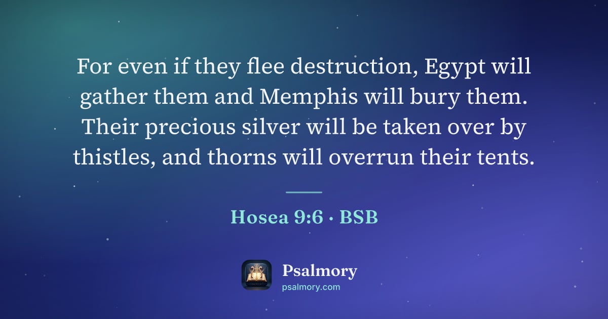 Hosea 9:6 verse artwork: For even if they flee destruction, Egypt will gather them and Memphis will bury them.…