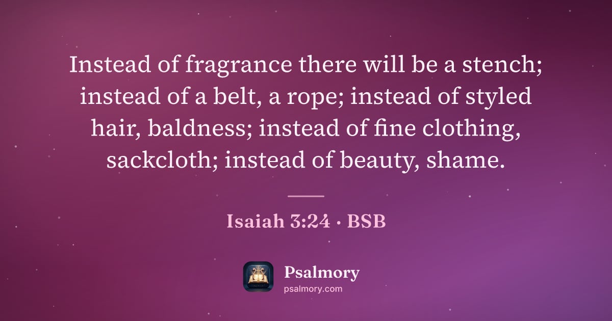 Isaiah 3:24 verse artwork: Instead of fragrance there will be a stench; instead of a belt, a rope; instead of…