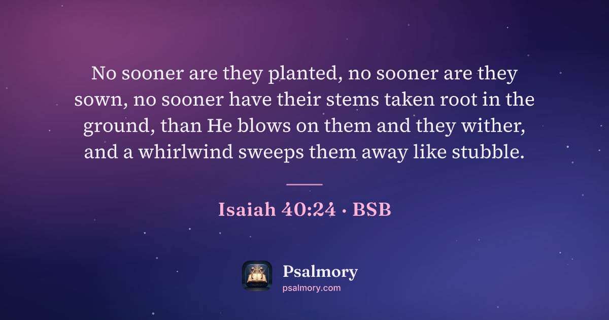 Isaiah 40:24 verse artwork: No sooner are they planted, no sooner are they sown, no sooner have their stems taken…