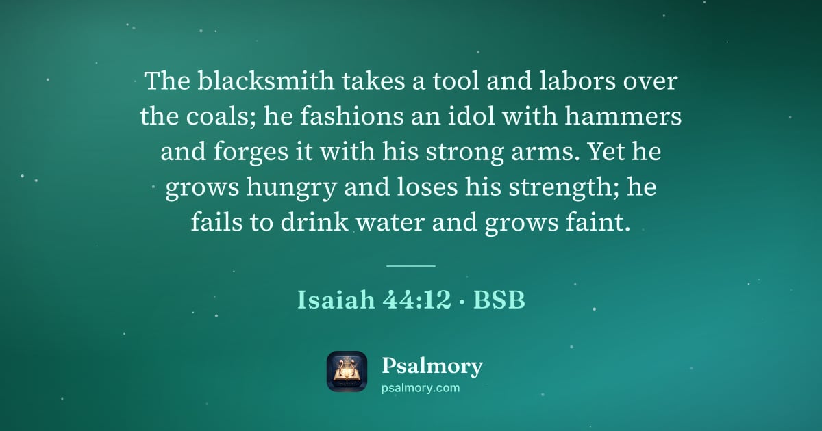 Isaiah 44:12 verse artwork: The blacksmith takes a tool and labors over the coals; he fashions an idol with hammers…