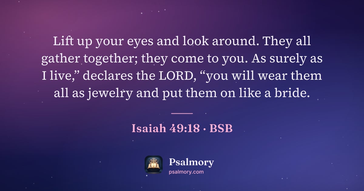Isaiah 49:18 verse artwork: Lift up your eyes and look around. They all gather together; they come to you. As surely…