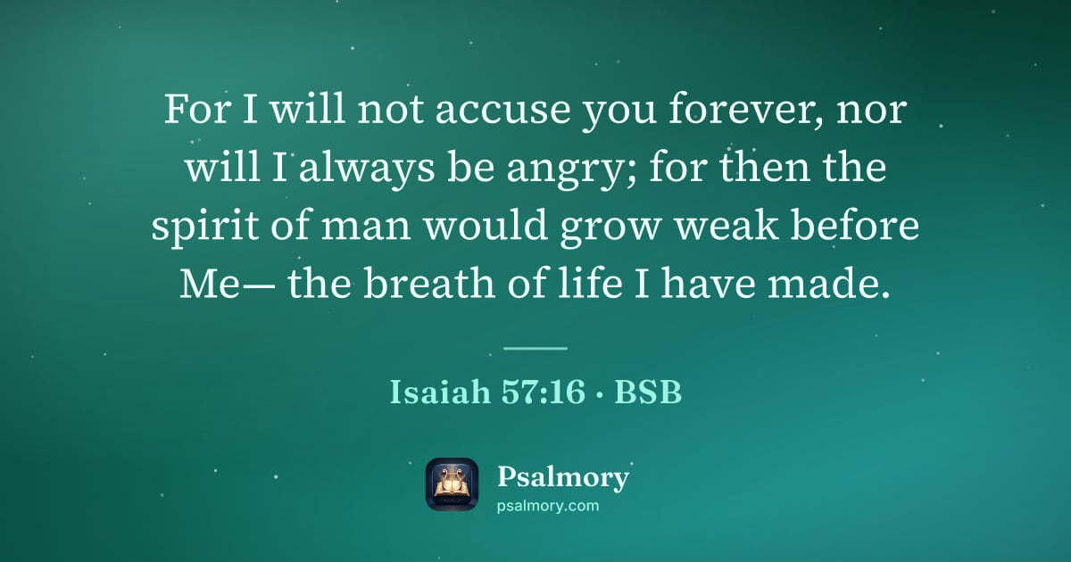 Isaiah 57:16 verse artwork: For I will not accuse you forever, nor will I always be angry; for then the spirit of…