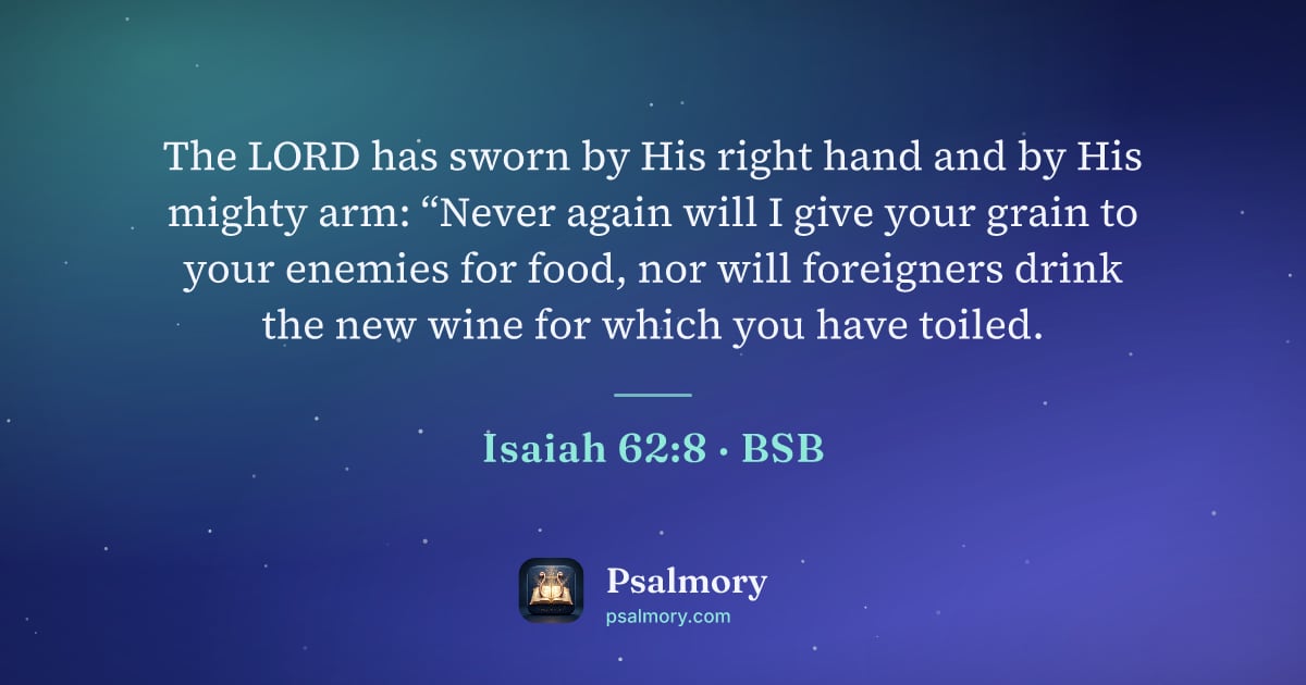 Isaiah 62:8 verse artwork: The LORD has sworn by His right hand and by His mighty arm: “Never again will I give…