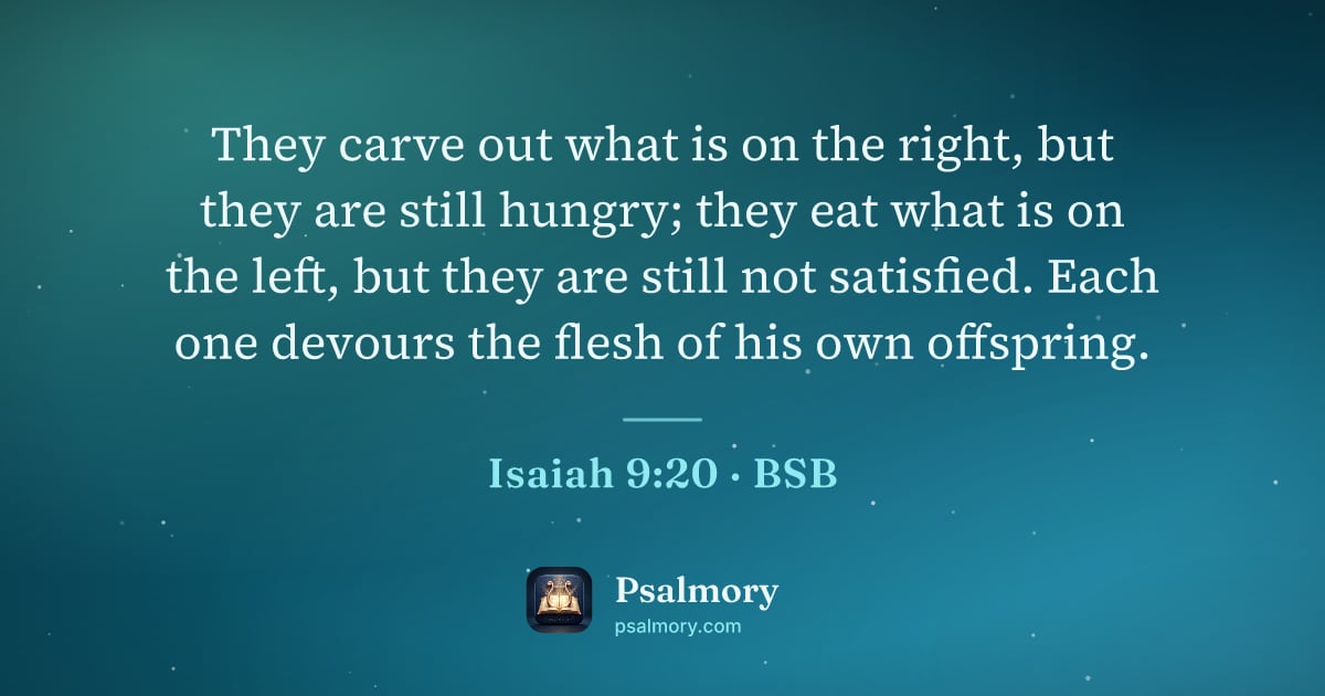 Isaiah 9:20 verse artwork: They carve out what is on the right, but they are still hungry; they eat what is on the…