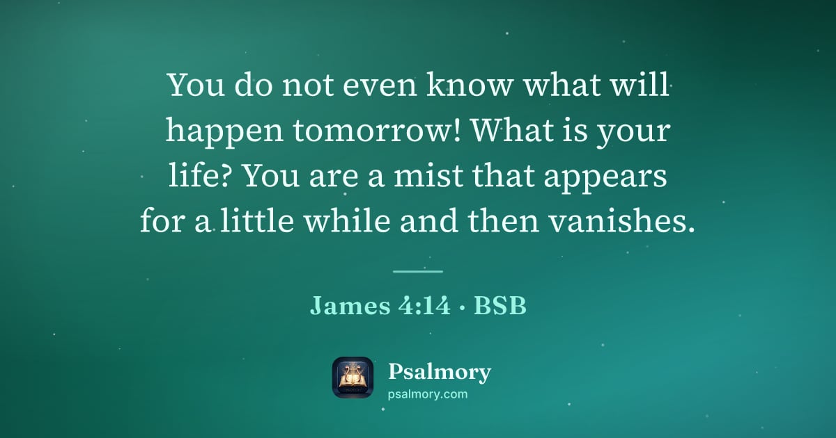 James 4:14 verse artwork: You do not even know what will happen tomorrow! What is your life? You are a mist that…