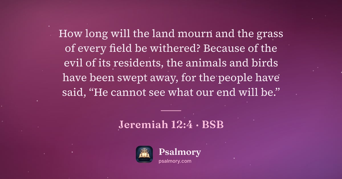 Jeremiah 12:4 verse artwork: How long will the land mourn and the grass of every field be withered? Because of the…