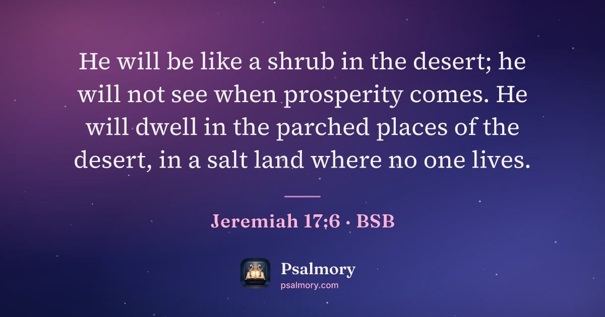 Jeremiah 17:6 verse artwork: He will be like a shrub in the desert; he will not see when prosperity comes. He will…