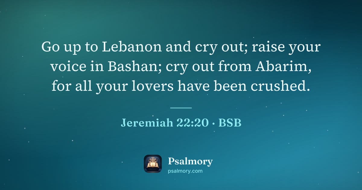 Jeremiah 22:20 verse artwork: Go up to Lebanon and cry out; raise your voice in Bashan; cry out from Abarim, for all…
