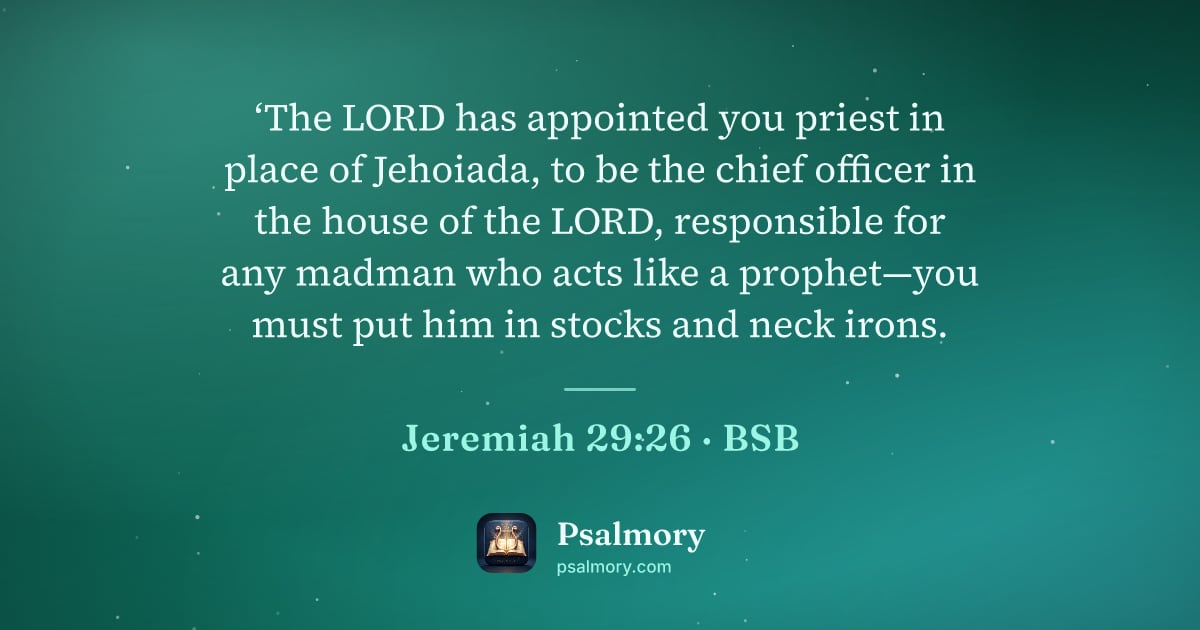Jeremiah 29:26 verse artwork: ‘The LORD has appointed you priest in place of Jehoiada, to be the chief officer in the…