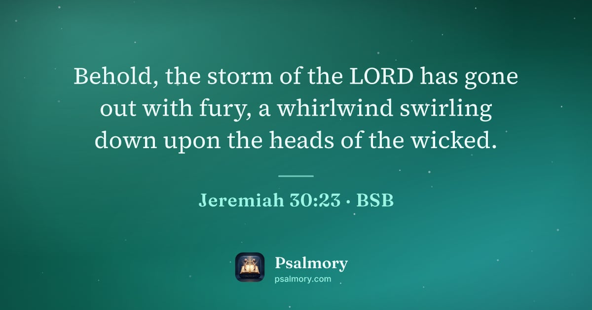 Jeremiah 30:23 verse artwork: Behold, the storm of the LORD has gone out with fury, a whirlwind swirling down upon the…