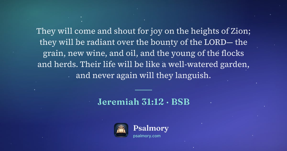 Jeremiah 31:12 verse artwork: They will come and shout for joy on the heights of Zion; they will be radiant over the…