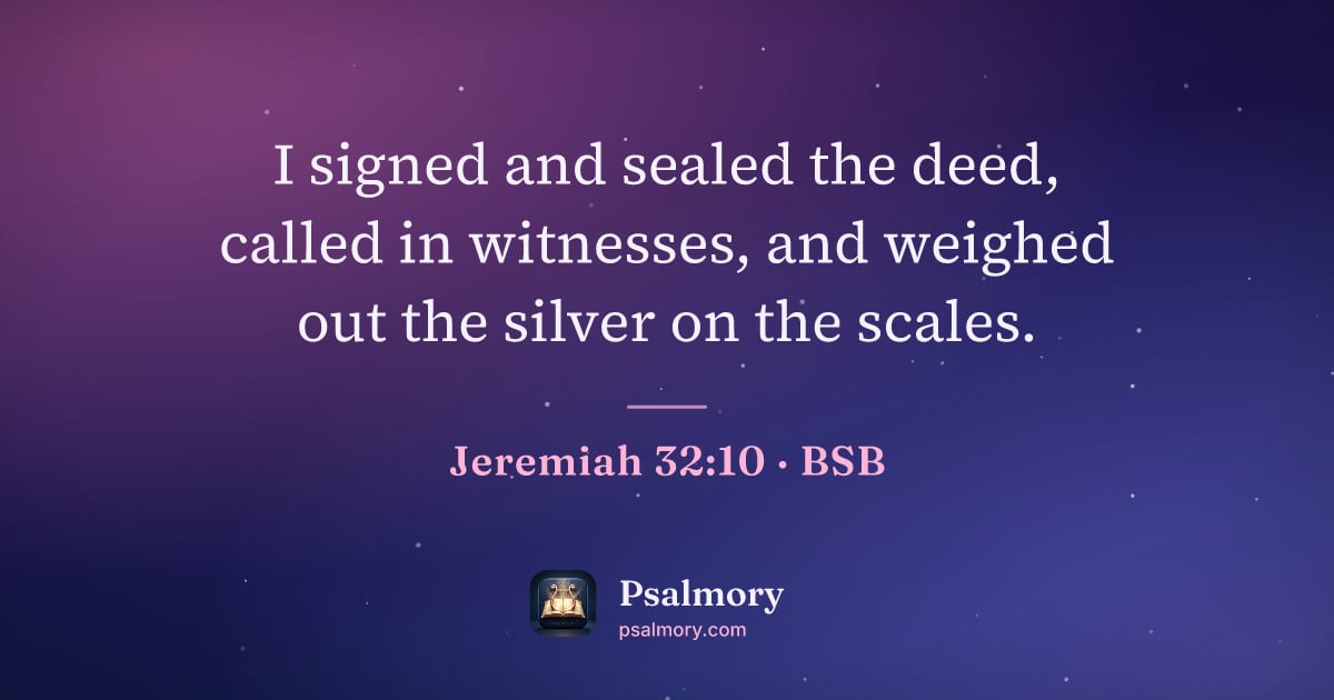 Jeremiah 32:10 verse artwork: I signed and sealed the deed, called in witnesses, and weighed out the silver on the…