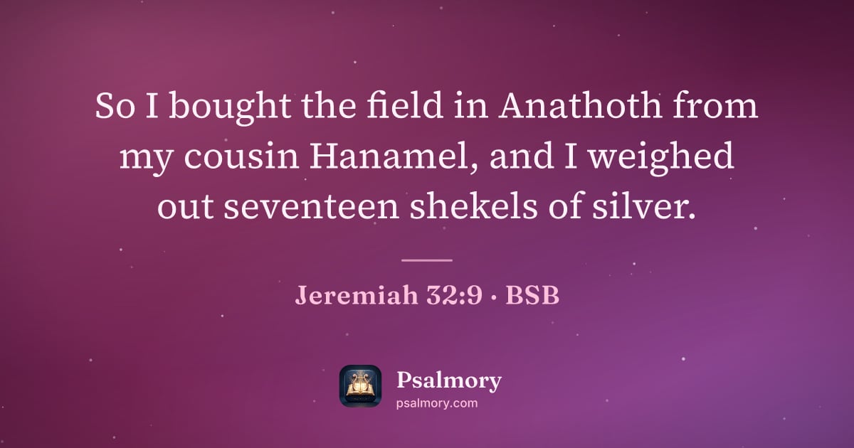 Jeremiah 32:9 verse artwork: So I bought the field in Anathoth from my cousin Hanamel, and I weighed out seventeen…