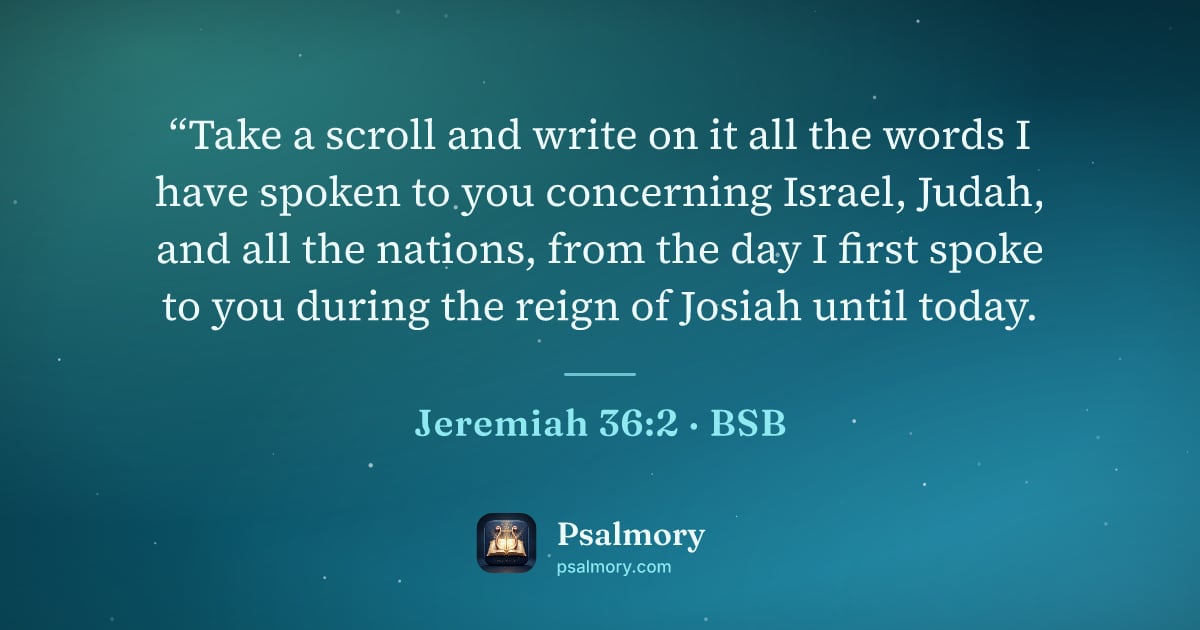 Jeremiah 36:2 verse artwork: “Take a scroll and write on it all the words I have spoken to you concerning Israel,…