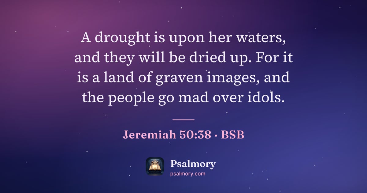Jeremiah 50:38 verse artwork: A drought is upon her waters, and they will be dried up. For it is a land of graven…