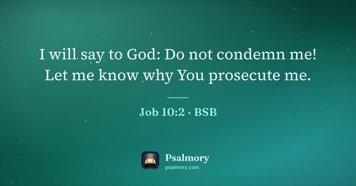 Job 10:2 verse artwork: I will say to God: Do not condemn me! Let me know why You prosecute me.