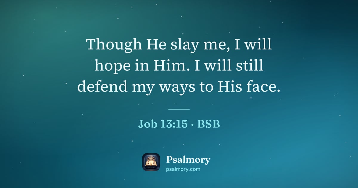 Job 13:15 verse artwork: Though He slay me, I will hope in Him. I will still defend my ways to His face.