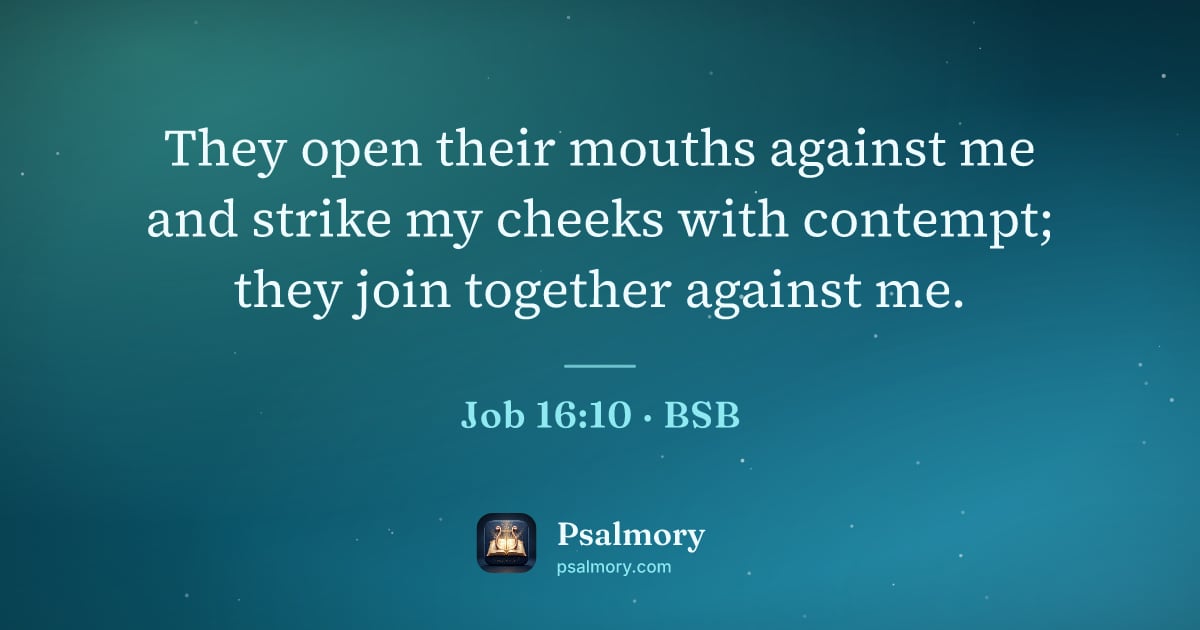 Job 16:10 verse artwork: They open their mouths against me and strike my cheeks with contempt; they join together…