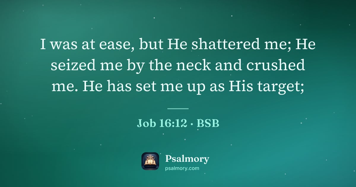 Job 16:12 verse artwork: I was at ease, but He shattered me; He seized me by the neck and crushed me. He has set…
