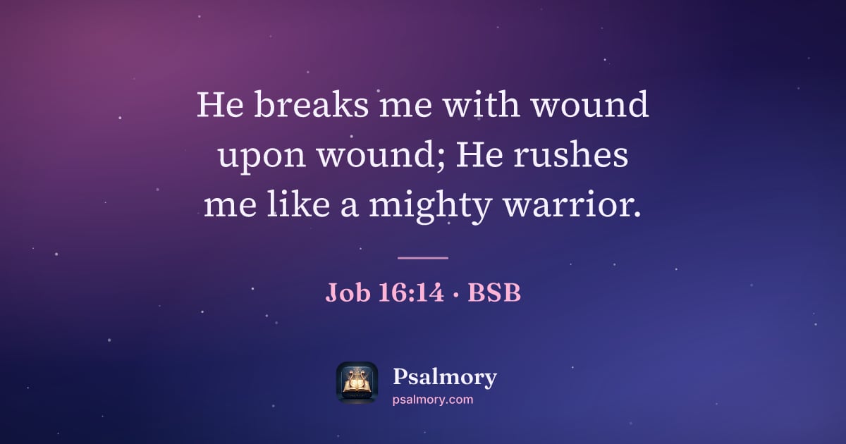 Job 16:14 verse artwork: He breaks me with wound upon wound; He rushes me like a mighty warrior.