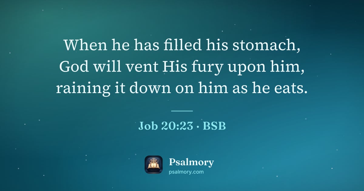 Job 20:23 verse artwork: When he has filled his stomach, God will vent His fury upon him, raining it down on him…